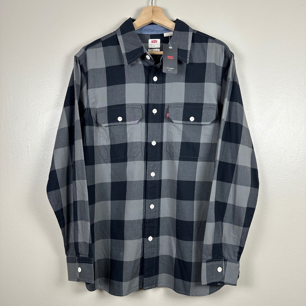 Levi's Men's S Button-Down‎ Shirt Grey Buffalo Plaid Relaxed Fit Long Sleeve NEW